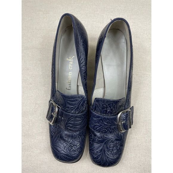 60s Vintage Black Tooled Leather Loafer with Silver Buckle and Chunky Heel Size - Picture 3 of 7